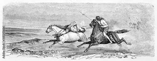 Konstfotografi Auguste Guinnard prisoner of native people in Patagonia, transported bound on horse running among a barren land