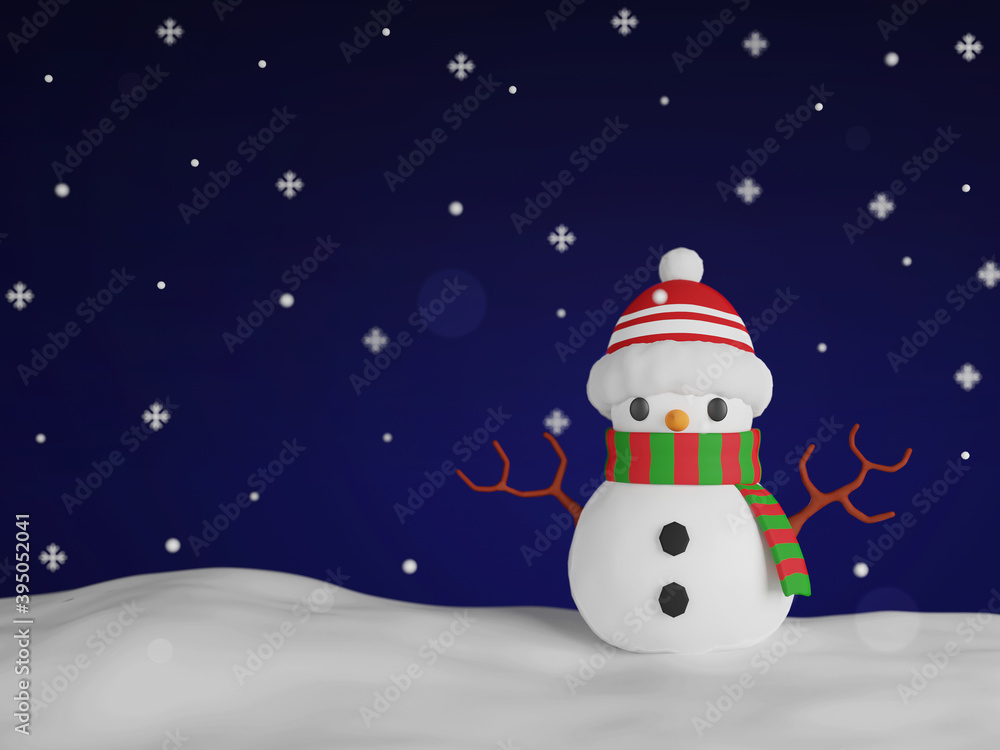 Fototapeta premium Snowman outdoors falling snow winter Holidays 3d render 3d illustration.