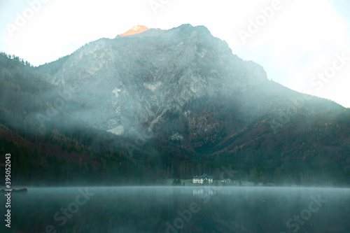 misty morning on the lake, vorderer langbathsee in upper austria	
