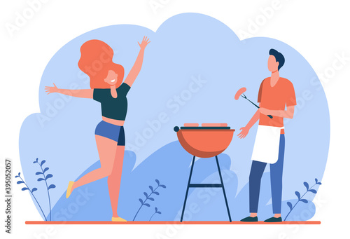 Happy couple enjoying barbecue party. Guy cooking grilled meat, girl dancing by him flat vector illustration. BBQ, picnic, summer concept for banner, website design or landing web page