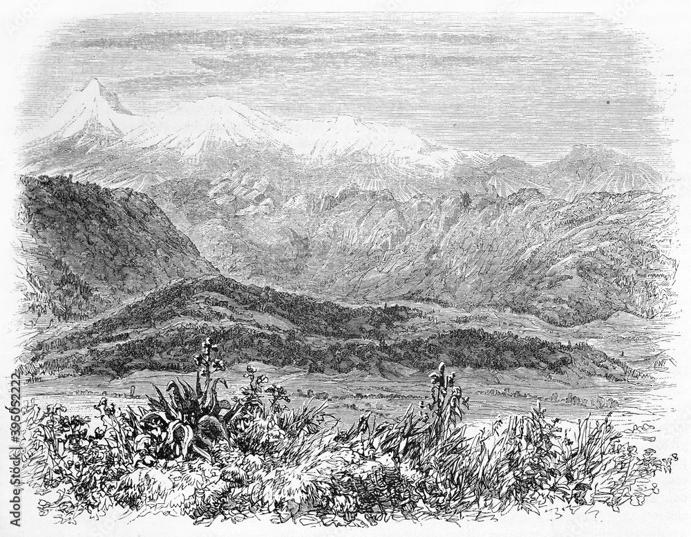 Iztaccihuati mountain on a huge landscape with vegetation foreground, Mexico. Ancient grey tone etching style art by Sabatier, Le Tour du Monde, Paris, 1861