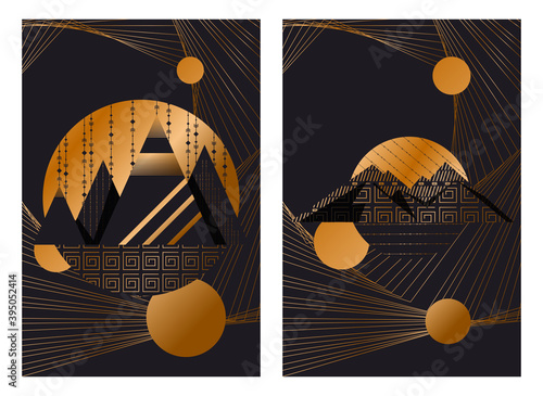 of a modern poster design featuring abstract mountains with a geometric pattern on a linear background. luxury background design for printing covers, invitations, packages, postcards, fabric. EPS 10