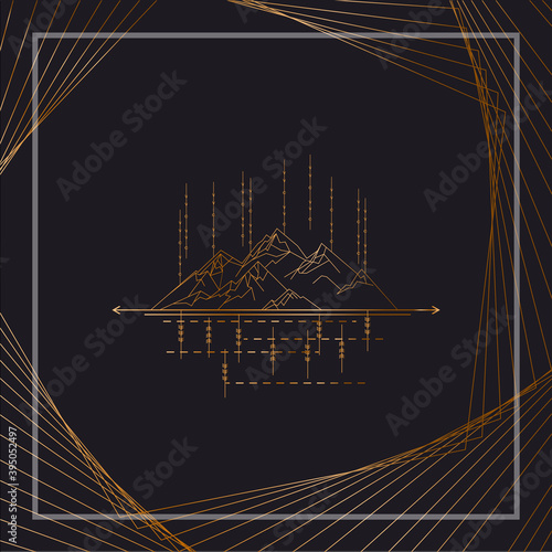 of a modern poster design featuring abstract mountains with a geometric pattern on a linear background. luxury background design for printing covers, invitations, packages, postcards, fabric. EPS 10