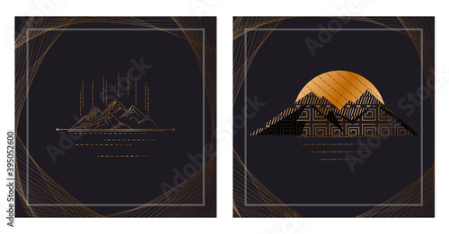 of a modern poster design featuring abstract mountains with a geometric pattern on a linear background. luxury background design for printing covers, invitations, packages, postcards, fabric. EPS 10