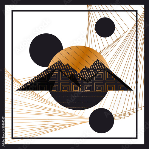 of a modern poster design featuring abstract mountains with a geometric pattern on a linear background. luxury background design for printing covers, invitations, packages, postcards, fabric. EPS 10