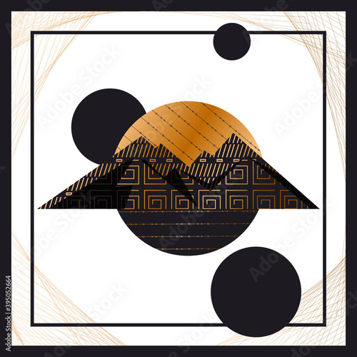 of a modern poster design featuring abstract mountains with a geometric pattern on a linear background. luxury background design for printing covers, invitations, packages, postcards, fabric. EPS 10