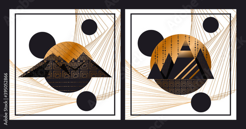 of a modern poster design featuring abstract mountains with a geometric pattern on a linear background. luxury background design for printing covers, invitations, packages, postcards, fabric. EPS 10