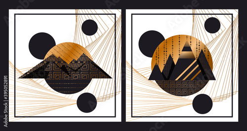 of a modern poster design featuring abstract mountains with a geometric pattern on a linear background. luxury background design for printing covers, invitations, packages, postcards, fabric. EPS 10