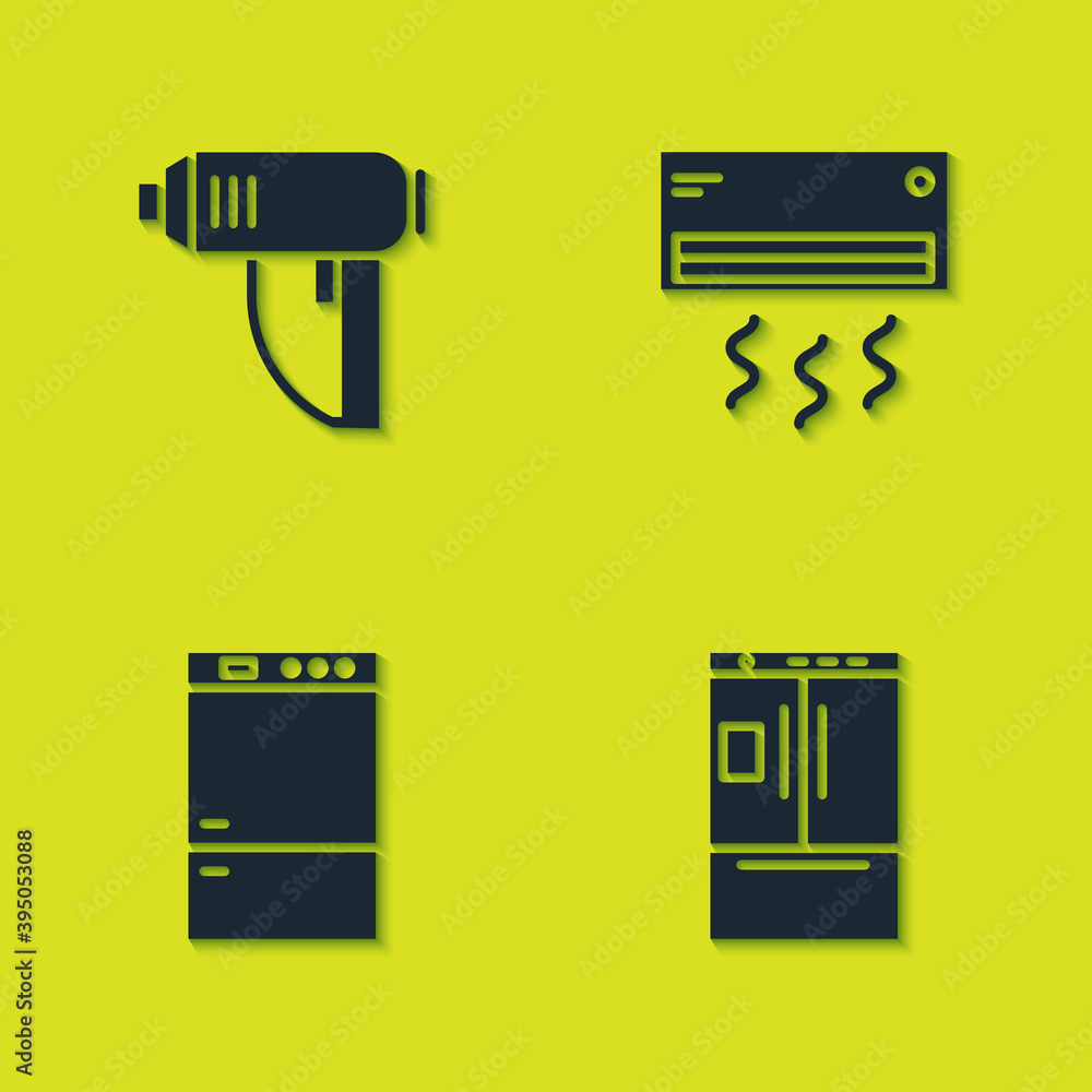 Set Electric industrial dryer, Refrigerator, and Air conditioner icon. Vector. Set Electric industrial dryer, Refrigerator, and Air conditioner icon. Vector.