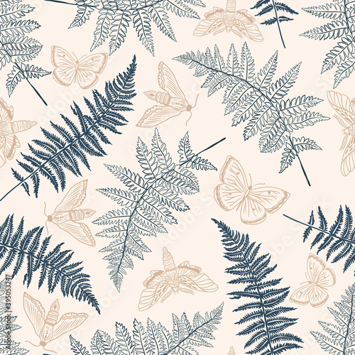 Seamless pattern with fern leaves, butterflies and moths. Ideal for fabrics, packaging textiles and templates. Simple Linear  minimalist boho pattern.