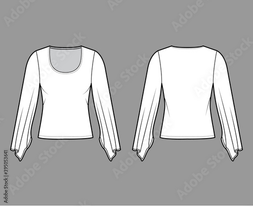 Top with Kimono long sleeves technical fashion illustration with slim fit, under waist length. Flat apparel blouse template front, back white color. Women men unisex shirt CAD mockup