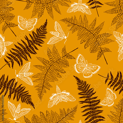 Seamless pattern with fern leaves, butterflies and moths. Ideal for fabrics, packaging textiles and templates. Simple Linear  minimalist boho pattern.
