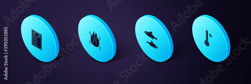 Set Isometric Medical digital thermometer, Fish, Parasite mite and Clinical record icon. Vector.