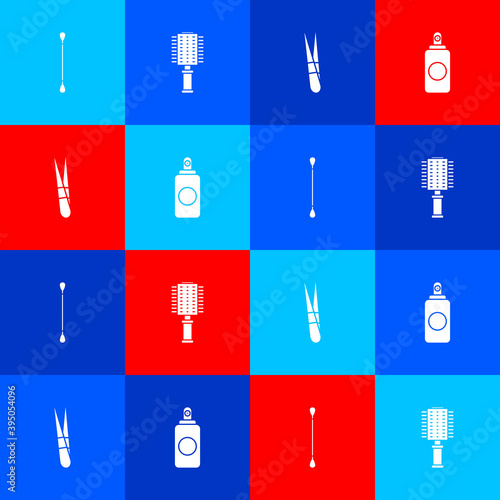 Set Cotton swab for ears, Hairbrush, Eyebrow tweezers and Spray can icon. Vector.