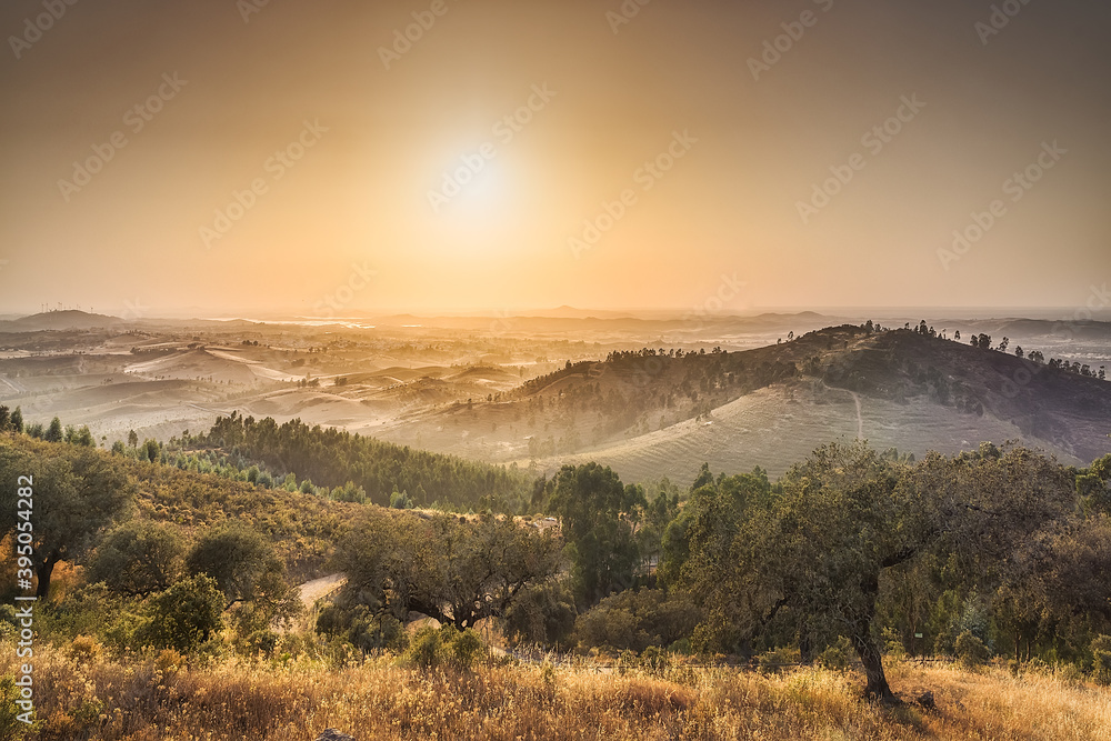rural landscape with fog in the background and low sun