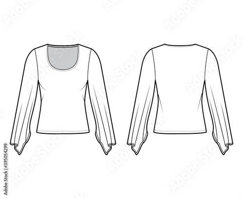 Top with Kimono long sleeves technical fashion illustration with slim fit, under waist length. Flat apparel blouse template front, back white color. Women men unisex shirt CAD mockup