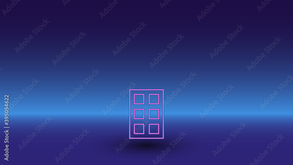 Neon office building symbol on a gradient blue background. The isolated symbol is located in the bottom center. Gradient blue with light blue skyline Neon office building symbol on a gradient blue background. The isolated symbol is located in the bottom center. Gradient blue with light blue skyline