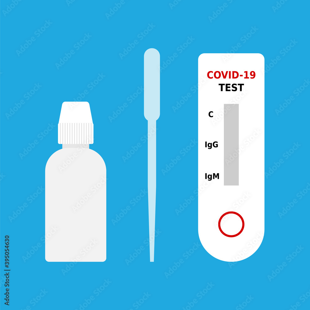 Coronavirus detection one step test kit. Fast COVID-19 serologic diagnostic test. Massive testing of population. Quick antibody detection test. Color icons on blue background. Vector, flat, clip art. Coronavirus detection one step test kit. Fast COVID-19 serologic diagnostic test. Massive testing of population. Quick antibody detection test. Color icons on blue background. Vector, flat, clip art.