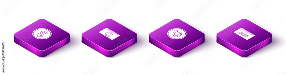 Set Isometric Coin money with dollar, Setting, Phone call and Page 404 error icon. Vector. Set Isometric Coin money with dollar, Setting, Phone call and Page 404 error icon. Vector.