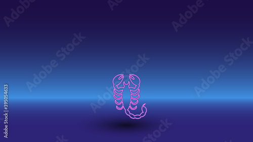 Neon scorpio symbol on a gradient blue background. The isolated symbol is located in the bottom center. Gradient blue with light blue skyline