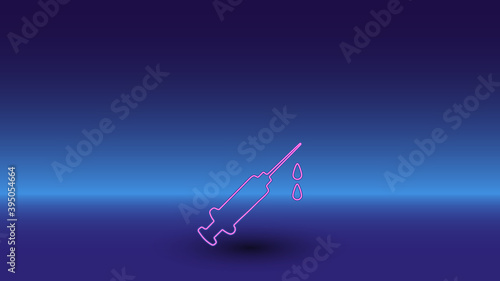 Neon syringe symbol on a gradient blue background. The isolated symbol is located in the bottom center. Gradient blue with light blue skyline