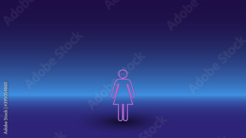 Neon woman symbol on a gradient blue background. The isolated symbol is located in the bottom center. Gradient blue with light blue skyline