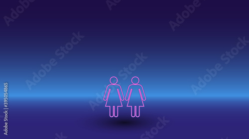 Neon woman with woman symbol on a gradient blue background. The isolated symbol is located in the bottom center. Gradient blue with light blue skyline