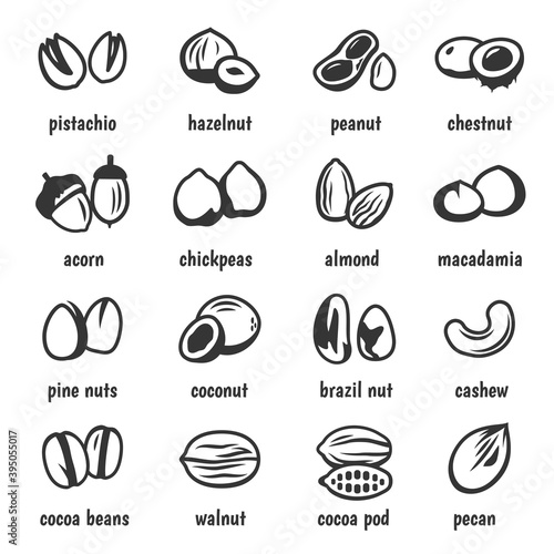 Nuts varieties bold black silhouette and line icons, pictograms set isolated on white.