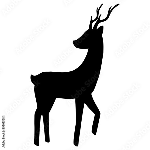 Vector illustration. Silhouette of deer with horns on white. Christmas decoration element. Ideal for baby projects, collage, cards, book illustrations, banners. Hand drawn doodle clipart. Flat style.