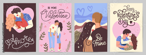 Set of cards for valentine's day. Couples kiss and hug each other passionately. Set of illustrations of enamored man and woman. Happy Valentine's Day, February 14!