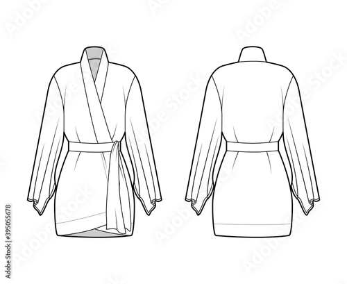 Kimono robe technical fashion illustration with long wide sleeves, belt to cinch the waist, above-the-knee length. Flat apparel blouse template front, back white color. Women unisex CAD shirt mockup