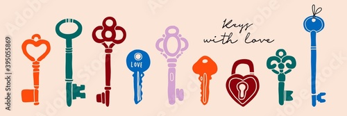 Hand drawn colored Vector Keys. Various vintage, antique and modern Keys with ornate heads. Different types, sizes. All elements are isolated