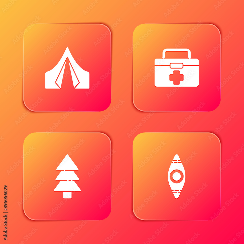 Set Tourist tent, First aid kit, Tree and Kayak or canoe icon. Vector. Set Tourist tent, First aid kit, Tree and Kayak or canoe icon. Vector.