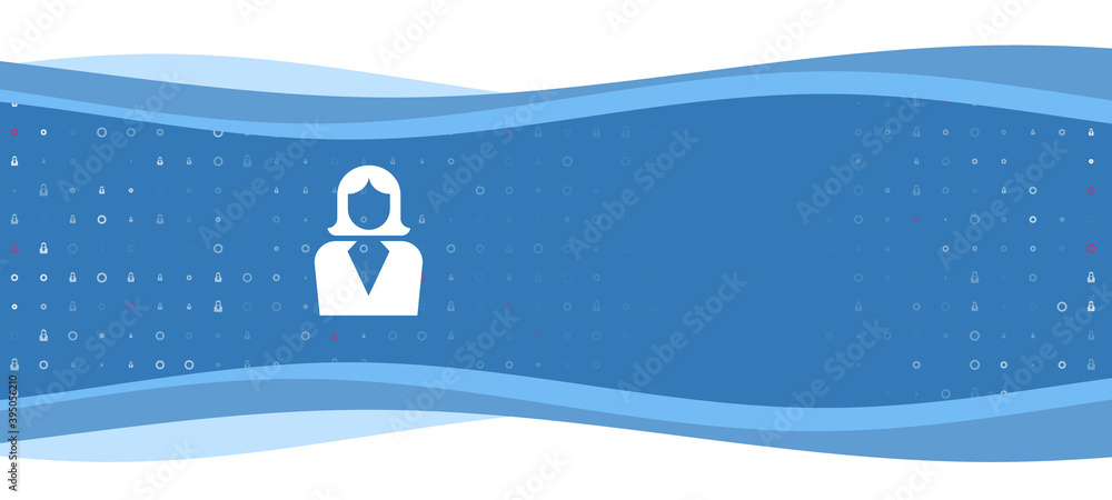 Blue wavy banner with a white business woman symbol on the left. On the background there are small white shapes, some are highlighted in red. There is an empty space for text on the right side Blue wavy banner with a white business woman symbol on the left. On the background there are small white shapes, some are highlighted in red. There is an empty space for text on the right side
