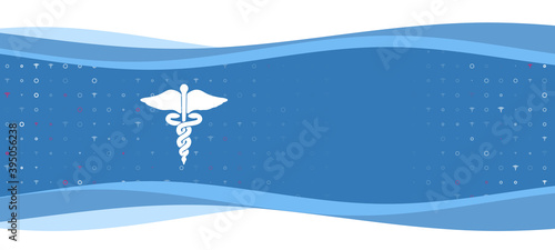 Blue wavy banner with a white caduceus symbol on the left. On the background there are small white shapes, some are highlighted in red. There is an empty space for text on the right side