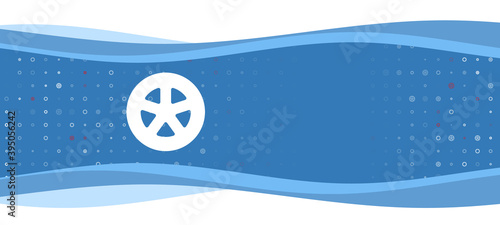 Blue wavy banner with a white car wheel symbol on the left. On the background there are small white shapes, some are highlighted in red. There is an empty space for text on the right side