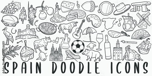 Spain doodle icon set. Spanish Style Vector illustration collection. Banner Hand drawn Line art style.