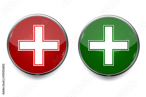 Medical buttons for web design. Red cross sign. Health care. Medical vector icons set. Stock image.
