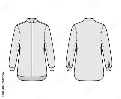Shirt clergy technical fashion illustration with long sleeves with cuff, relax fit, concealed button-down, Tab Collar. Flat template front, back grey color. Women men unisex top CAD mockup