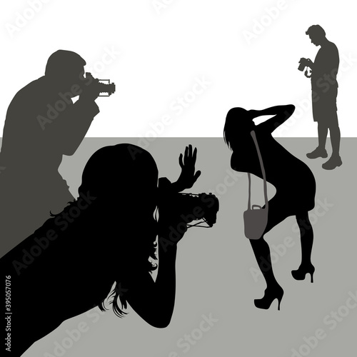 4 Vector silhouettes of people with a camera in different poses, women and men, isolated.