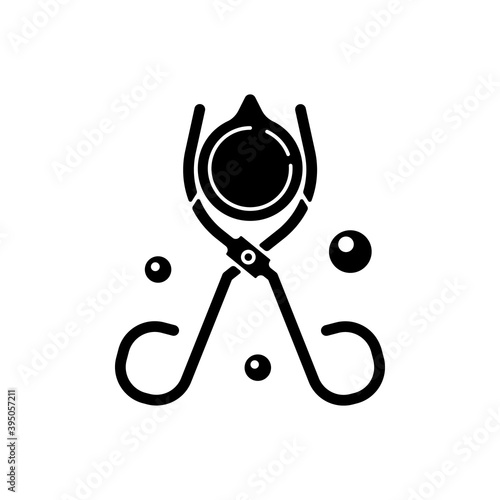 Beaker tongs black glyph icon. Handling hot and cold beakers. Lab equipment. Scissor-like tool. Carrying evaporating dishes and flasks. Silhouette symbol on white space. Vector isolated illustration