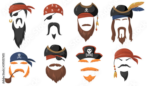 Pirate face masks for carnival flat item set. Cartoon sea pirates hats, journey bandana, beard and smoke pipe isolated vector illustration collection. party accessories and head costume concept