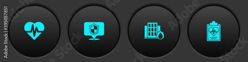 Set Health insurance, Location shield, Fire burning house and icon. Vector.