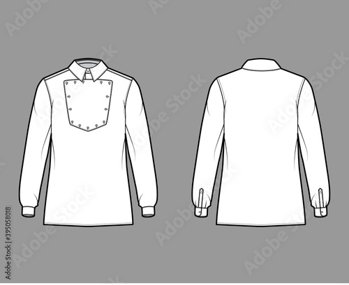 Shirt cavalry Officer technical fashion illustration with bib, long sleeves, relax fit, classic collar. Flat wild west style template front, back white color. Women men top CAD mockup