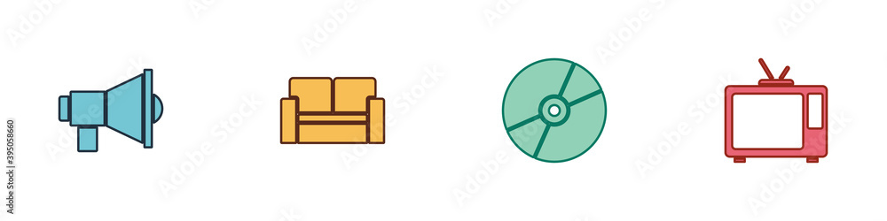 Set Megaphone, Cinema chair, CD or DVD disk and Retro tv icon. Vector. Set Megaphone, Cinema chair, CD or DVD disk and Retro tv icon. Vector.
