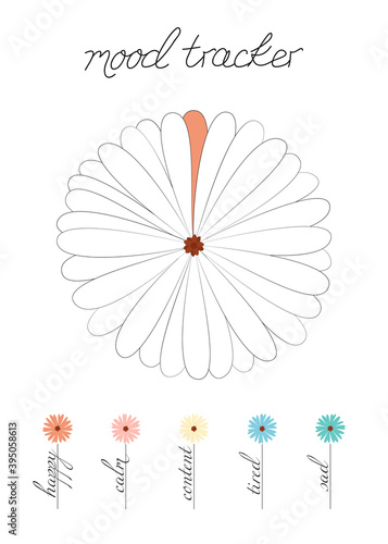 Vector illustration for printable with petals of flower on white background. Minimalist planner of mood tracker for bullet journal page, daily planner template, blank for notebook. A4 paper sheet.