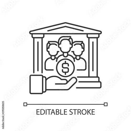 Institutional donor linear icon. Government organizations that give grants to companies. Thin line customizable illustration. Contour symbol. Vector isolated outline drawing. Editable stroke