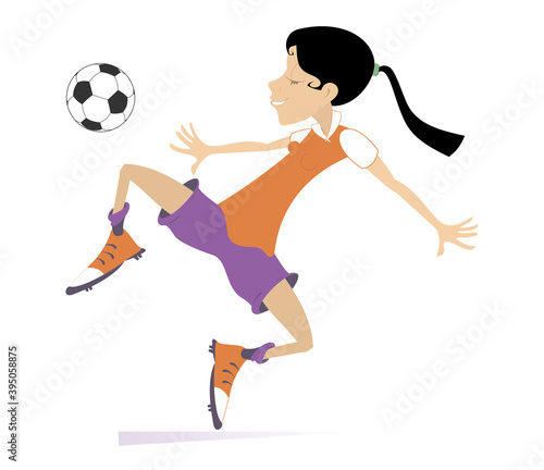 Smiling young woman playing football isolated illustration. Cartoon football player woman beats a ball isolated on white 