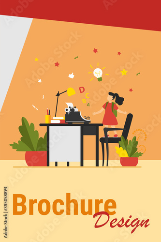 Little girl with idea looking on typewriter. Chair, desk, story flat vector illustration. Imagination and writing concept for banner, website design or landing web page
