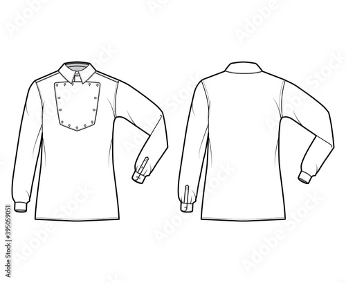 Shirt cavalry Officer technical fashion illustration with bib, elbow fold long sleeves, relax fit, classic collar. Flat wild west style template front, back white color. Women men top CAD mockup